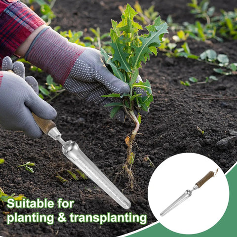 Gardener using Compact Stainless Steel Garden Hand Shovel Seed Trowel With Wooden Handle for weeding in soil.