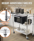 Heavy-Duty 3-Tier Kitchen Utility Cart On Wheels With 661 Lbs Capacity displaying adjustable steel wire shelves with kitchen items