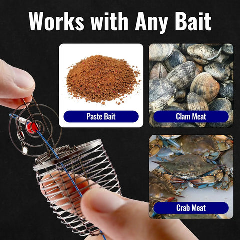 Pro Grade Stainless Steel Bait Cage Ten Pack For Carp And Catfish Fishing with bait options, close-up view