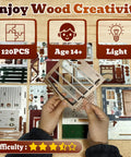 Hands assembling Cozy Coffee Shop 3D Wood Miniature Kit with LED Lights for Adults DIY Tiny House Model on a table.