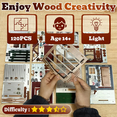 Hands assembling Cozy Coffee Shop 3D Wood Miniature Kit with LED Lights for Adults DIY Tiny House Model on a table.