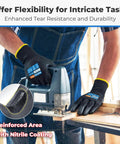 Person using jigsaw wearing 12 Pairs PU Coated Cut Resistant Work Gloves With Tough As Nails Grip For Warehouse Woodworking And Construction Men And Women Full Finger Touchscreen Compatibility ANSI A1 Protection.