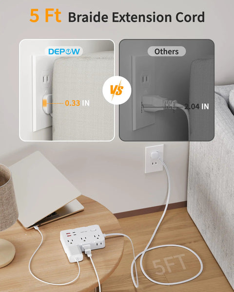 Must Have Two Prong To Three Prong Outlet Adapter Power Strip With Six Outlets And Four USB Ports Two USB C 1050J Surge Protector Five Foot Extension Cord Wall Mount For Ungrounded Outlets In Old Houses on table behind sofa