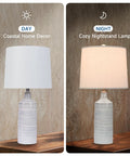 Blue Ceramic Table Lamps Set Of 2 For Nightstand And Living Room, Striped Blue And Gray On Cream Base, Day and Night View