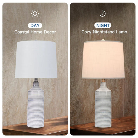 Blue Ceramic Table Lamps Set Of 2 For Nightstand And Living Room, Striped Blue And Gray On Cream Base, Day and Night View