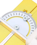 Close-up view of Solid As Rock Aluminum Router Table Insert Plate with precision spacers, gold tone, ruler marks for woodworking.