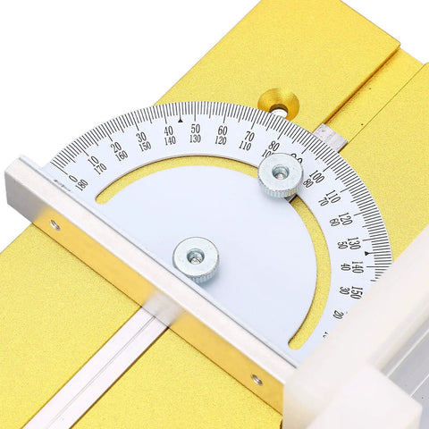 Close-up view of Solid As Rock Aluminum Router Table Insert Plate with precision spacers, gold tone, ruler marks for woodworking.