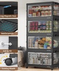 Legit Heavy Duty Stackable Storage Bins With Four Dual Access Doors And Three Secure Lids Foldable Plastic Organizers For Huge Closets And Garages Making Your Space Look Amazing showcasing four clear bins with magnetic doors and rolling wheels.