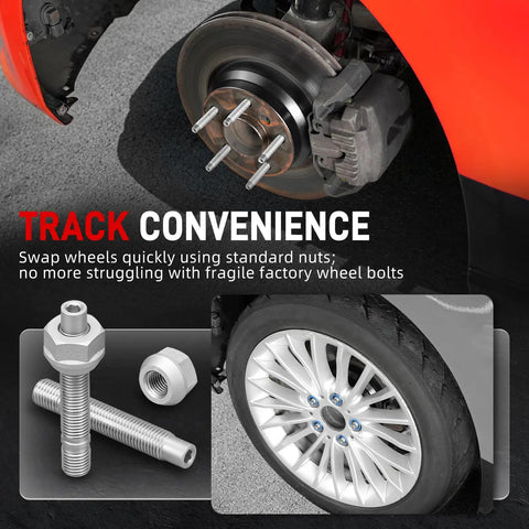 Solid 75mm Wheel Stud Conversion Kit Made From Heavy Duty 4135 CrMo Steel With Tough M12 Thread Perfect For Most E-Series Chassis Vehicles And Big Rims. Installed wheel stud kit on brake hub with alloy wheel fitment