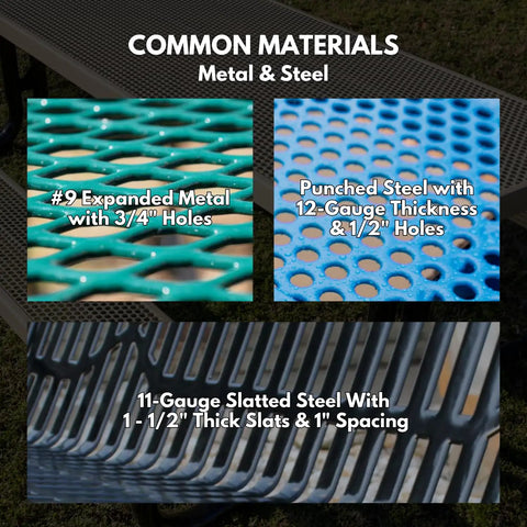 Heavy Duty Outdoor Garden Bench With Thermoplastic Coated Slatted Steel Industrial Grade Construction showing metal types used