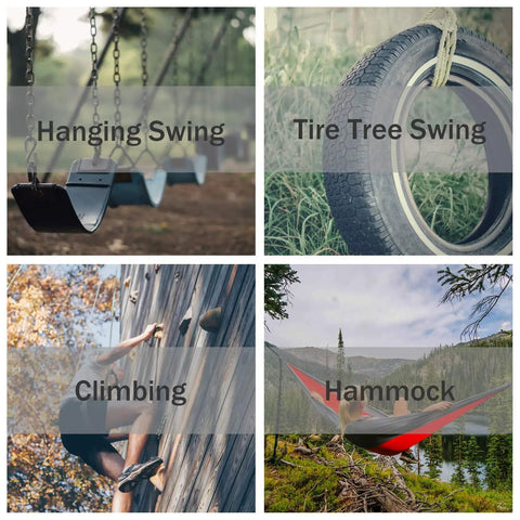 Collage with Hanging Swing, Tire Tree Swing, Climbing, and Hammock setup, ideal for Heavy Duty 35kN Swing Swivel Rotational Device use.