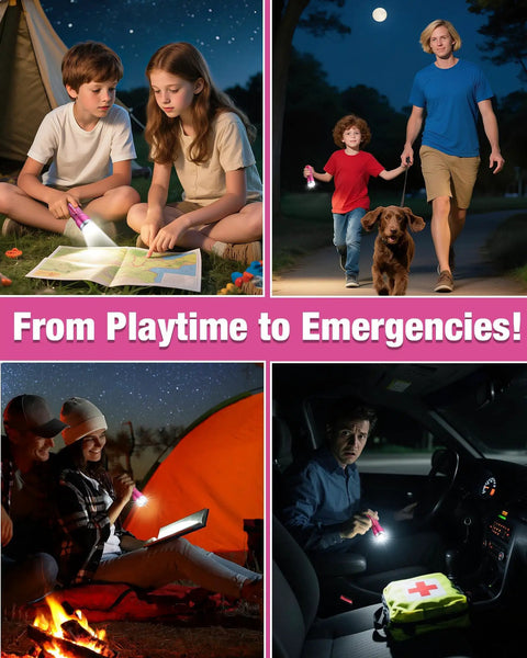 Pink Mini LED Flashlight With 3 Modes High Low Strobe Includes 3 AAA Batteries Water Resistant Pocket Size Flashlight in use for camping and emergencies