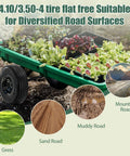 Flat Free 4.10/3.50-4 Tire And Wheel Set, Heavy Duty, 10 Inch Solid Wheel on green garden trailer with plants