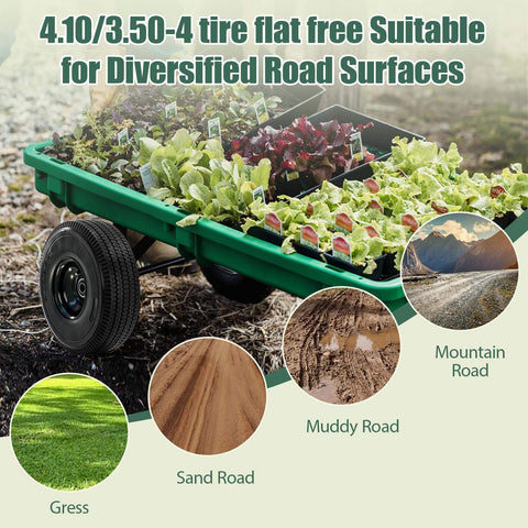 Flat Free 4.10/3.50-4 Tire And Wheel Set, Heavy Duty, 10 Inch Solid Wheel on green garden trailer with plants