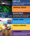 In-Filter Cabin Air Freshener With Odor Eliminator Keeps Your Ride Fresh All Day Attaches Directly To Cabin Filter Pleats Works With Most Cars Trucks And SUVs 1 Pack product scent options including new car, tropical peach, black rock, fresh linen, vanilla orchid, lavender.