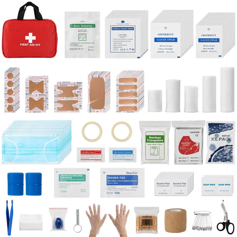 Ultimate 382 Piece Portable First Aid Kit red bag and contents including bandages, gauze, antiseptics, tweezers, and gloves