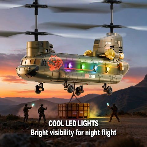 Remote Control Helicopter For Kids And Military Fans With Altitude Hold And One Key Takeoff And Landing LED Lights Two Easy Swap Modular Batteries With USB C Charging For About 20 Minutes Of Flight Lit RC Battery System Durable RC Toy in flight at sunset with LED lights and cargo