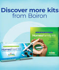 Image of Boiron HomeoTravel Kit and HomeoFamily Kit packaging with text 'Discover more kits from Boiron' on a blue background.