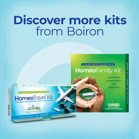 Image of Boiron HomeoTravel Kit and HomeoFamily Kit packaging with text 'Discover more kits from Boiron' on a blue background.