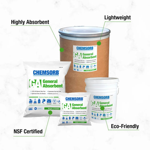 Go-To General Absorbent For Oil, Chemicals And Water Cleanup, 48 Pound Drum With Low Dust Perlite Formula shown with various bag sizes