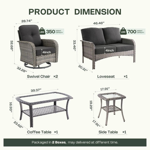 Dimensions and design of the 5 Piece All Weather Patio Set With Wicker Chairs And Coffee Table High Back Swivel Rockers Modern Rattan Outdoor Conversation Set For Porch Balcony Garden Black.