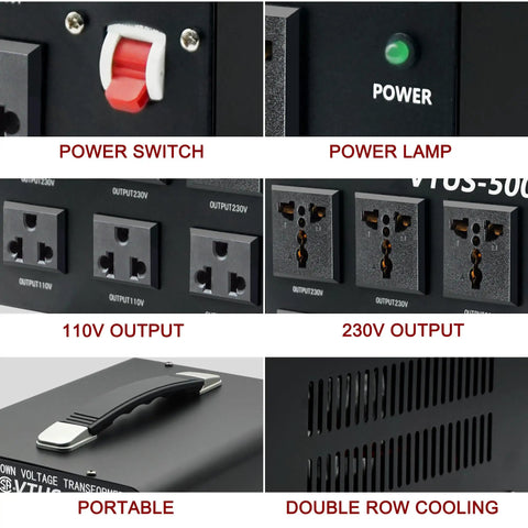 Close-up of power switch, lamp, 110V and 230V outputs on Beefy 5000 Watt Voltage Converter Transformer with handle and cooling vents.