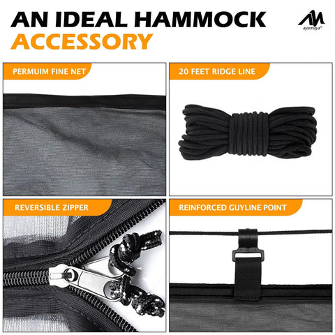 Extra Large Hammock Bug Net With Double Sided Zipper 11.15 Ft Long By 5 Ft Wide showing fine net, ridge line, zipper, and guyline point