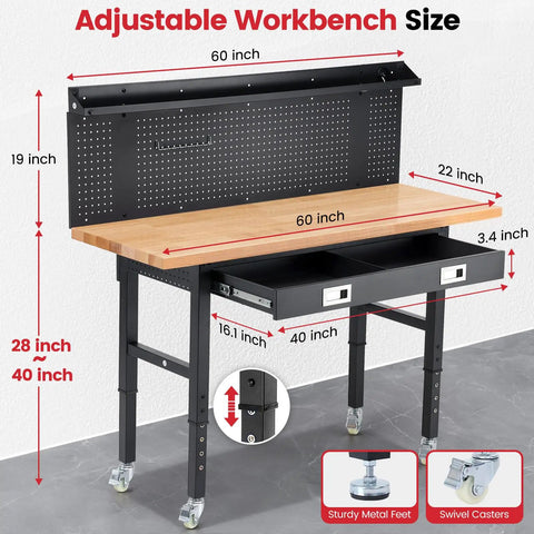 60 Inch Heavy Duty Workbench With Wheels And Adjustable Height, Real Deal Heavy Beast With Solid Rubberwood Top, showing dimensions and storage features.