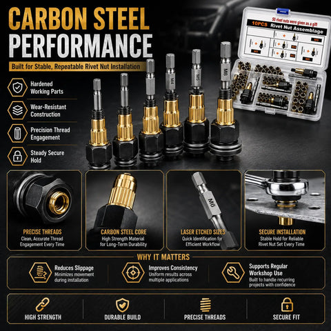 Ultimate Rivet Nut Tool Set Kit With Carbon Steel Body M3 Through M8, 50 Piece Metric Rivet Nut Setter Kit For Creating Threads In Thin Materials, Durable Case For Easy Storage And Fast Pro Grade Repairs, with assorted bits and case