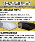 RV Air Conditioner Fan Condenser Motor compatibility list showing Coleman Mach models, replacement parts, and model images.