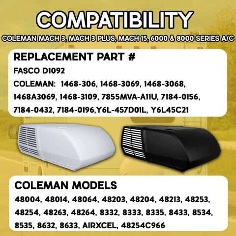 RV Air Conditioner Fan Condenser Motor compatibility list showing Coleman Mach models, replacement parts, and model images.