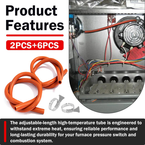 2 Pack Furnace Pressure Switch Hose Kit With 3/16 Inch ID By 38 Inch Length High Temperature Silicone Vacuum Tubing Includes Six 304 Stainless Steel Clamps Compatible With 79-21491-83 shown coiled and in an HVAC system