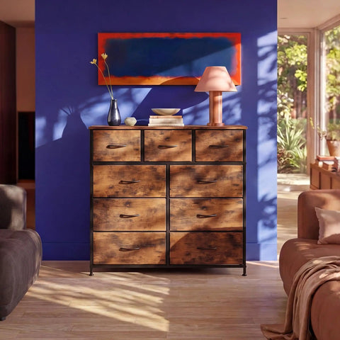 Top Drawer Tall Fabric Dresser For Bedroom Storage Packed With Nine Deep Foldable Drawers Rustic Brown A Clutch Space Saver Chest Of Drawers For Fresh Living Spaces