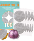 Aluminum Foil Lids For Reusable VertuoLine Coffee Capsules 64mm Compatible With Nespresso VertuoLine Machines 100 Pack BPA Free Food Grade Recyclable Eco Packaging