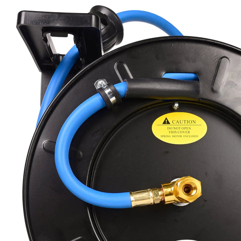 Close-up of Retractable Air Hose Reel with Three Eighths Inch by Fifty Foot Hybrid Hose, heavy duty steel build, auto rewind feature visible.