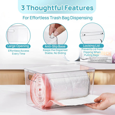 No Fuss Stackable Trash Bag Dispenser 2 Pack Clear Plastic Garbage Holder With Secure Locking Lid And Non Slip Base For Quick One Handed Swaps And Tidy Everyday Countertops