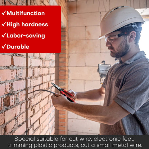 Electrician using powerful lineman's pliers with wire stripper and crimper, heavy duty high leverage eight and a half inch pliers.