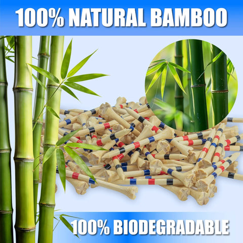 Premium Bamboo Golf Tees With 4-Prong Head, Two Sizes, natural bamboo background, eco-friendly focus, height mark stripes visible