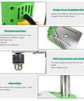 Features of Workhorse Benchtop Drill Press With 710W 110V Power, including heat dissipation, metal base, and steel chuck design.