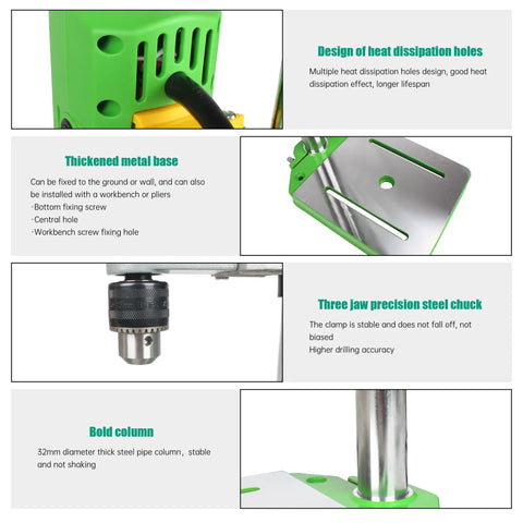 Features of Workhorse Benchtop Drill Press With 710W 110V Power, including heat dissipation, metal base, and steel chuck design.