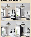 SYDACG 42" Black Crystal Fandelier Ceiling Fans with Lights in bedroom and living room settings, showcasing elegant designs.