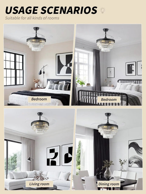 SYDACG 42" Black Crystal Fandelier Ceiling Fans with Lights in bedroom and living room settings, showcasing elegant designs.