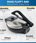 Starblue 10 Inch Electric Roti Maker With Non Stick Plates And Removable Handle Plus Free Roti Warmer showing adjustable temperature knob and movable handle.