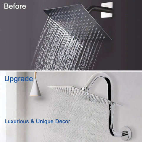 Comparison of shower heads, upgraded with S Shaped Shower Arm Riser Extender With Flange For One Half Inch Connection Ten Inch Chrome Bathroom Accessory Durable Stainless Steel High Rise Design For Extra Space And Easy Clean.