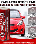 Fast Acting Radiator Stop Leak And Cooling System Sealer Conditioner 20G Tube next to red car, emphasizing leak prevention.