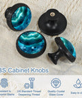 Slick Blue Marble Agate Cabinet Knobs 4 Pack Round Drawer Pulls With A Sleek Black Dresser Handle Base Straight Up Heavy Duty Kitchen Bath Hardware Featuring Solid Crystal Glass For Zero Sweat Install, featuring blue marble design on round knobs.