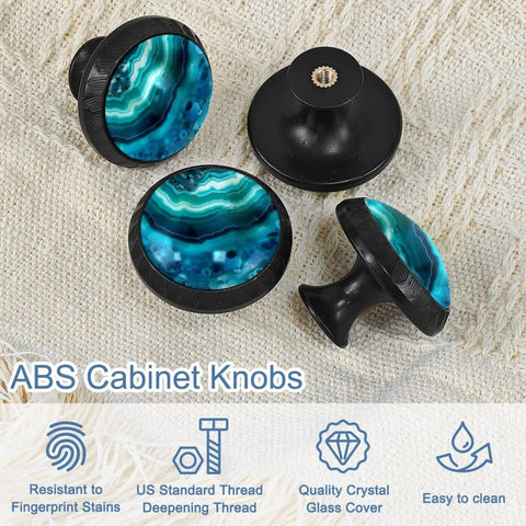 Slick Blue Marble Agate Cabinet Knobs 4 Pack Round Drawer Pulls With A Sleek Black Dresser Handle Base Straight Up Heavy Duty Kitchen Bath Hardware Featuring Solid Crystal Glass For Zero Sweat Install, featuring blue marble design on round knobs.