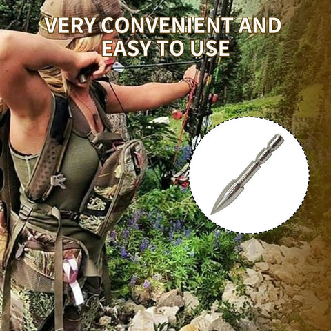 A person practicing archery with an inset image of a 12 Pack Archery Field Points 80 100 120 Grain Stainless Steel Practice Arrow Tips For 4.2mm Shafts Laser Cut With Precise Tolerance Durable Corrosion Resistant Target Ready.