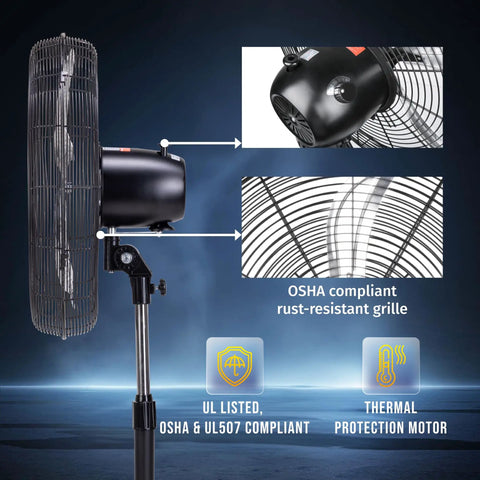 Beast 20 Inch Oscillating Pedestal Fan With Adjustable Height For Industrial And Commercial Spaces, Delivers 5000 CFM, UL Listed