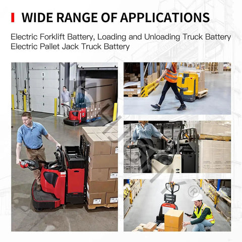 Wide range of applications showcasing Heavy Duty 48 Volt 20Ah Electric Forklift Battery Plus Charger for pallet trucks.